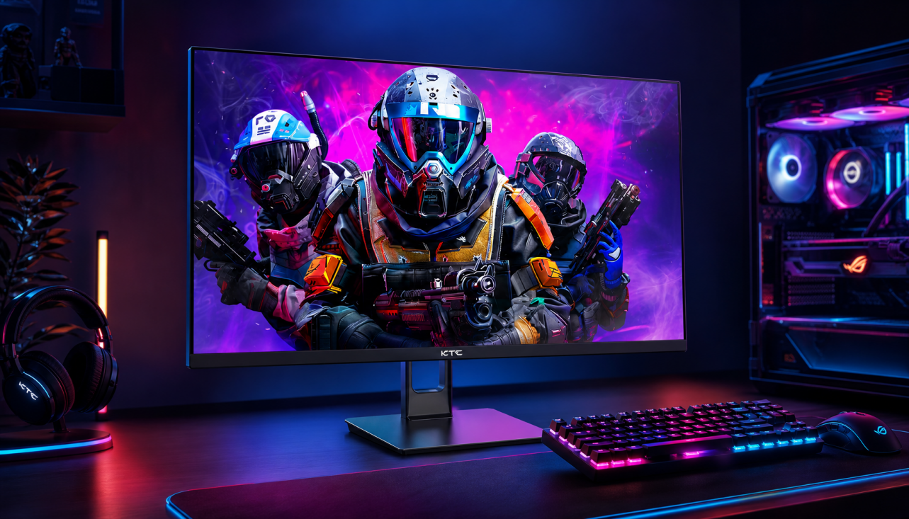 HDR gaming monitor displaying vibrant color and deep contrast in a dark gaming setup