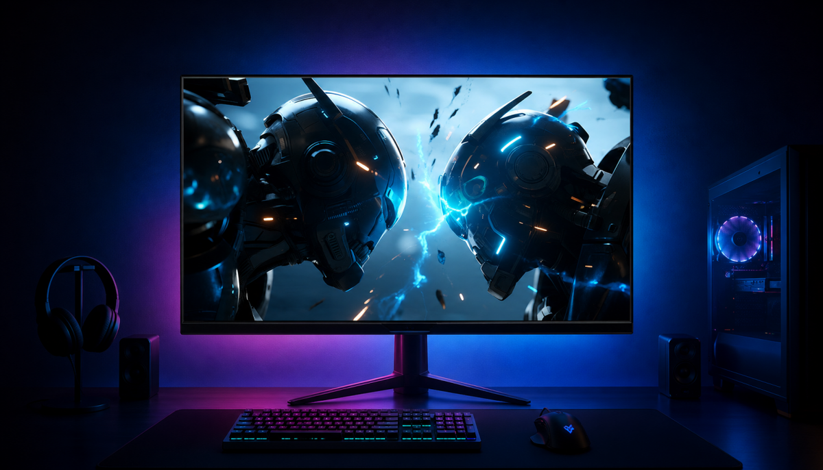 HDR gaming monitor displaying vivid colors and deep contrast in a dark gaming room setup