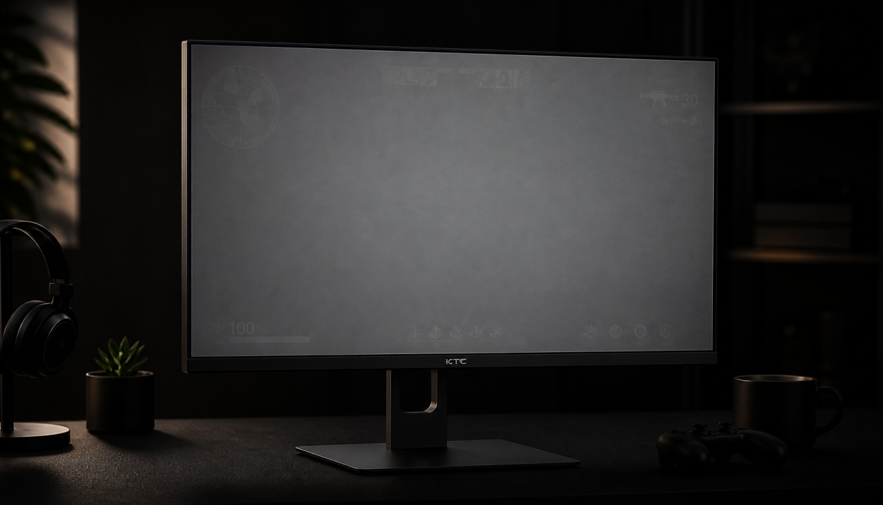HDR gaming monitor showing temporary afterimage of game HUD elements on a gray test screen