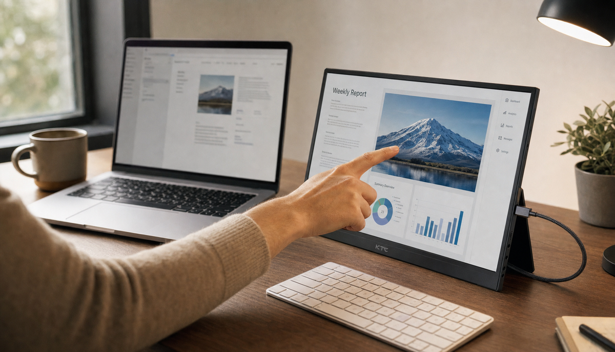 Hand tapping a KTC portable touchscreen monitor connected to a laptop with a single USB-C cable in a clean desk setup