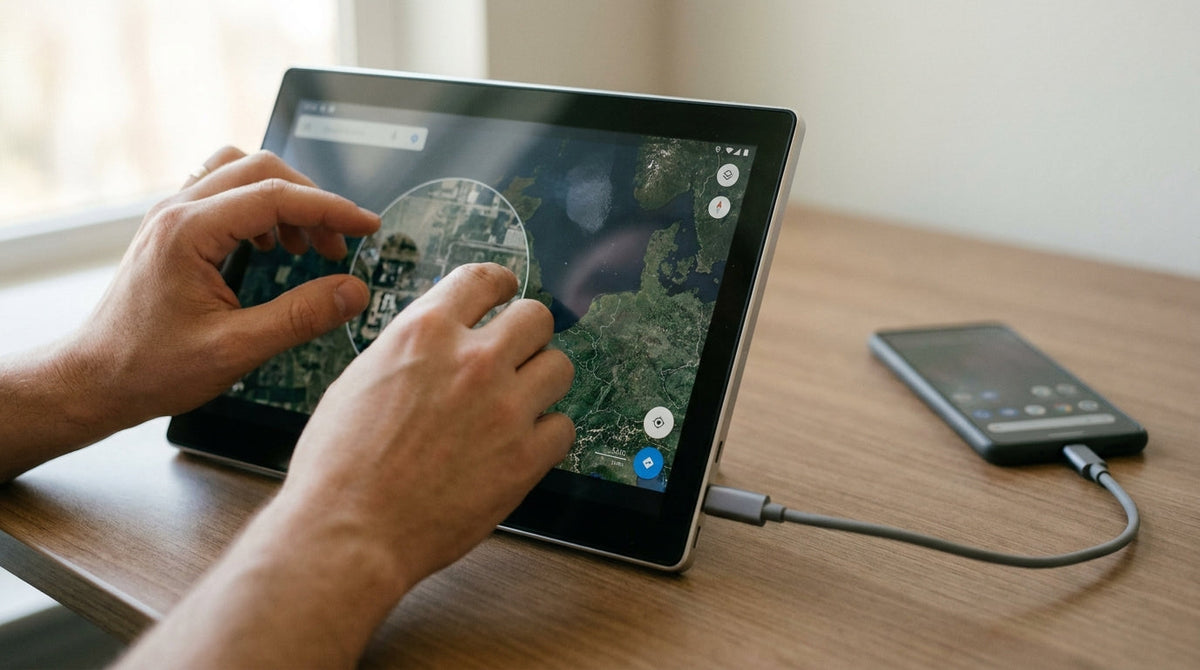 Hands using pinch-to-zoom gesture on a portable touchscreen monitor connected to an Android phone via USB-C cable