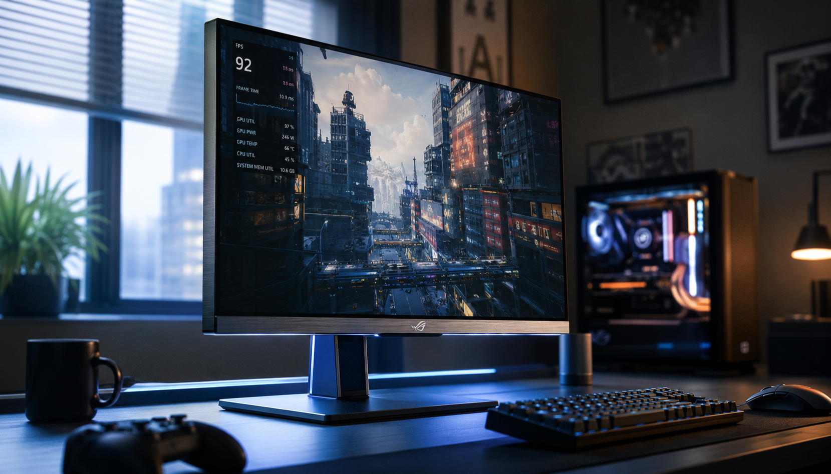 High-end 4K gaming monitor setup on a desk showing an in-game FPS overlay, illustrating the gap between benchmark numbers and real gaming performance