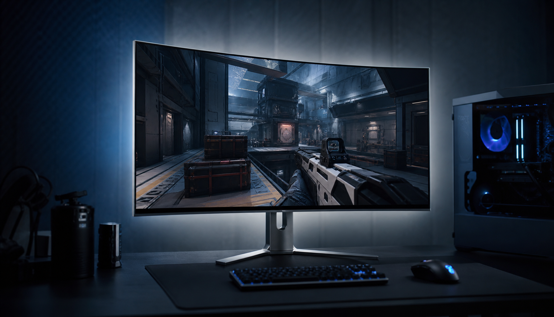 High-refresh-rate gaming monitor displaying a first-person shooter in a dark esports desk setup, illustrating adaptive sync performance above 360Hz
