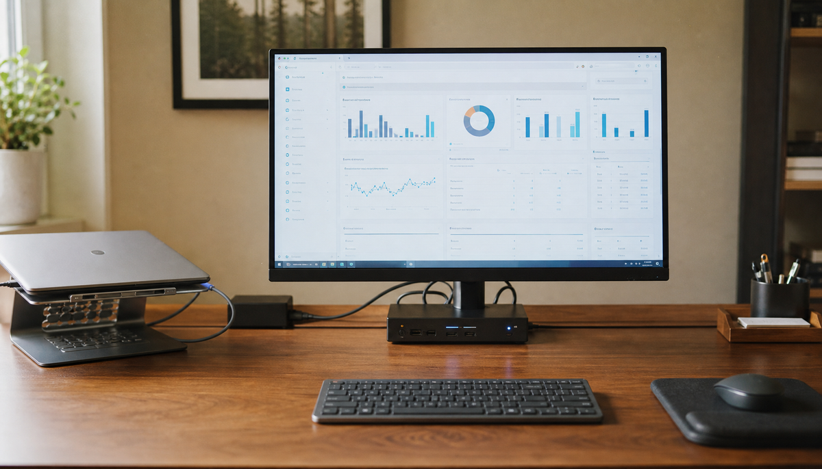 Home office desk with a flat monitor and laptop docking station placed in close proximity, illustrating the compact workstation arrangement that creates thermal management challenges