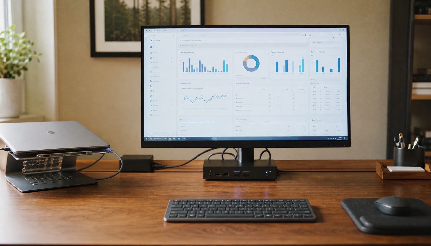 Home office desk with a flat monitor and laptop docking station placed in close proximity, illustrating the compact workstation arrangement that creates thermal management challenges