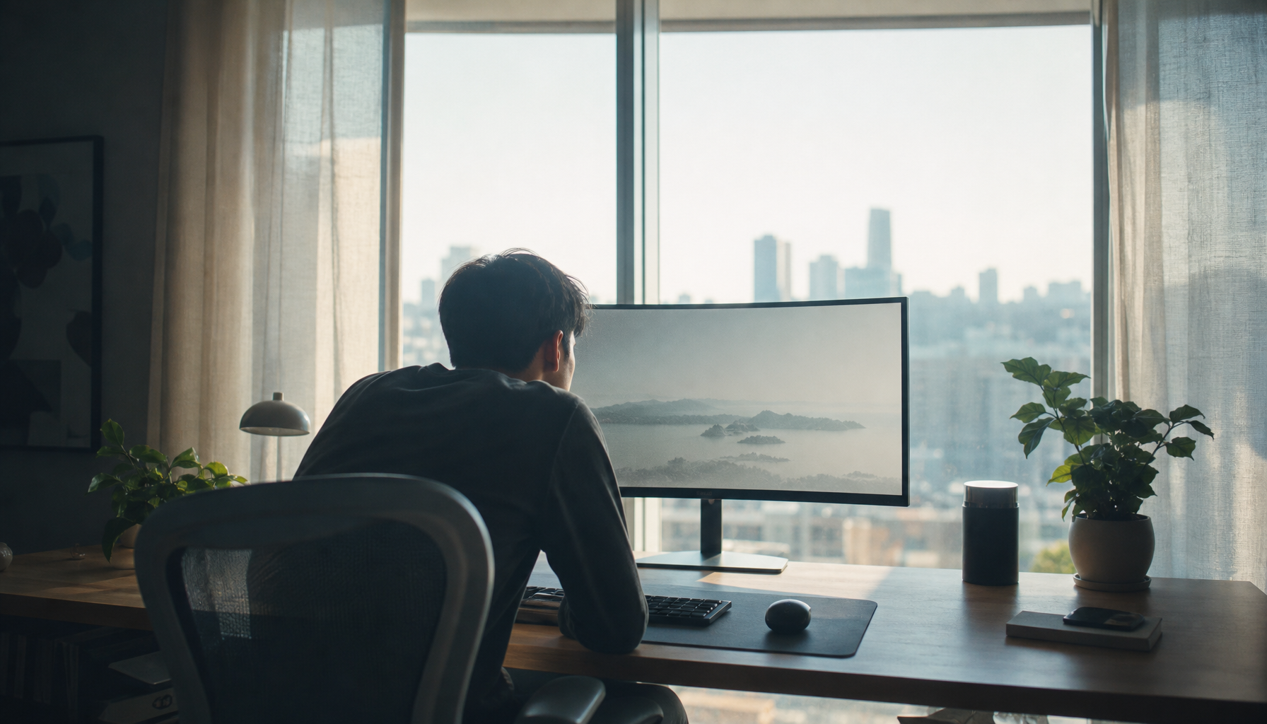 Home office setup with a bright window directly behind the monitor causing eye strain and screen glare