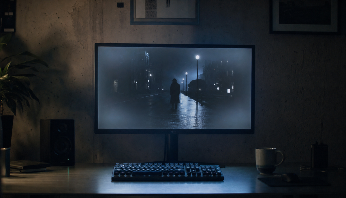IPS monitor showing corner glow in a dark room during nighttime movie watching