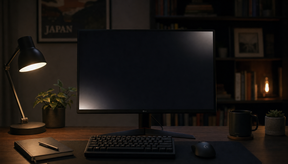 LCD gaming monitor showing backlight bleed in the corners during a dark screen test in a dimly lit room