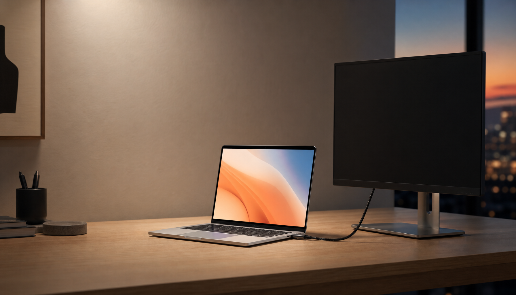 Laptop awake and connected via USB-C cable to a monitor that stays dark after waking from sleep