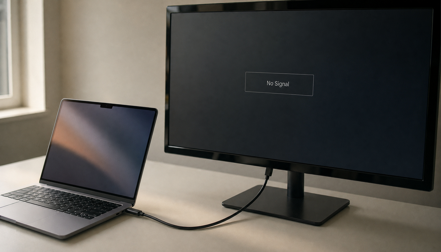 Laptop connected to USB-C monitor showing No Signal message on a clean office desk