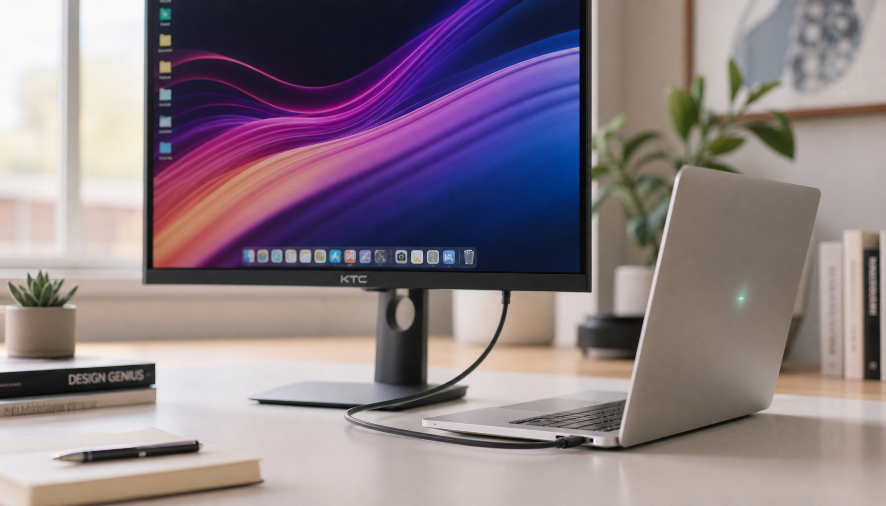 Laptop connected to a USB-C monitor on a clean home-office desk with a single charging and display cable