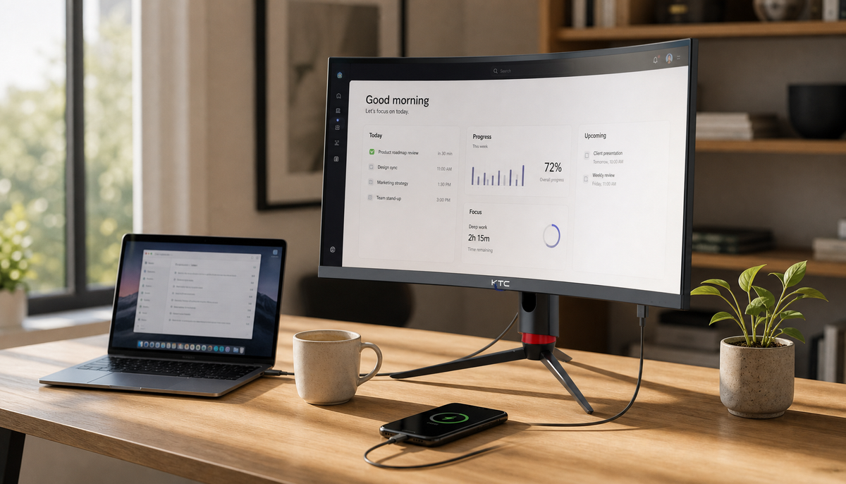 Laptop connected to a USB-C monitor via single cable with smartphone charging from the monitor’s hub port on a minimal home office desk