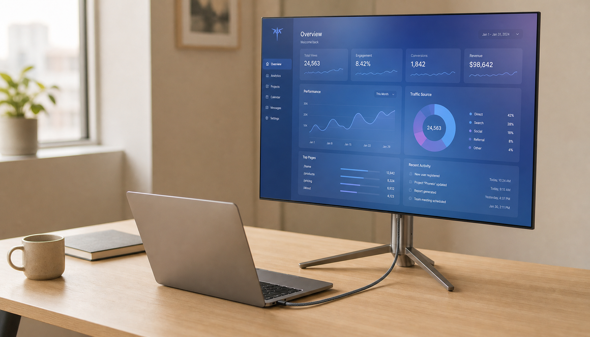 Laptop connected to a USB-C monitor with a single cable on a clean office desk