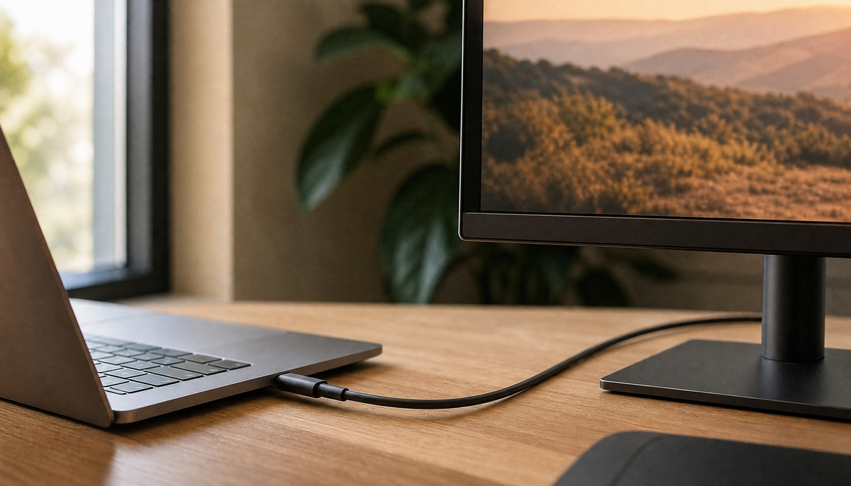 Laptop connected to a USB-C monitor with a single cable on a clean home office desk