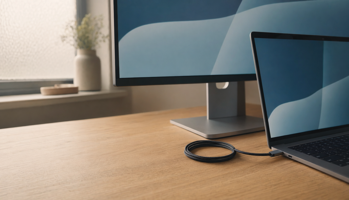 Laptop connected to a widescreen monitor with a single USB-C cable on a minimalist home office desk