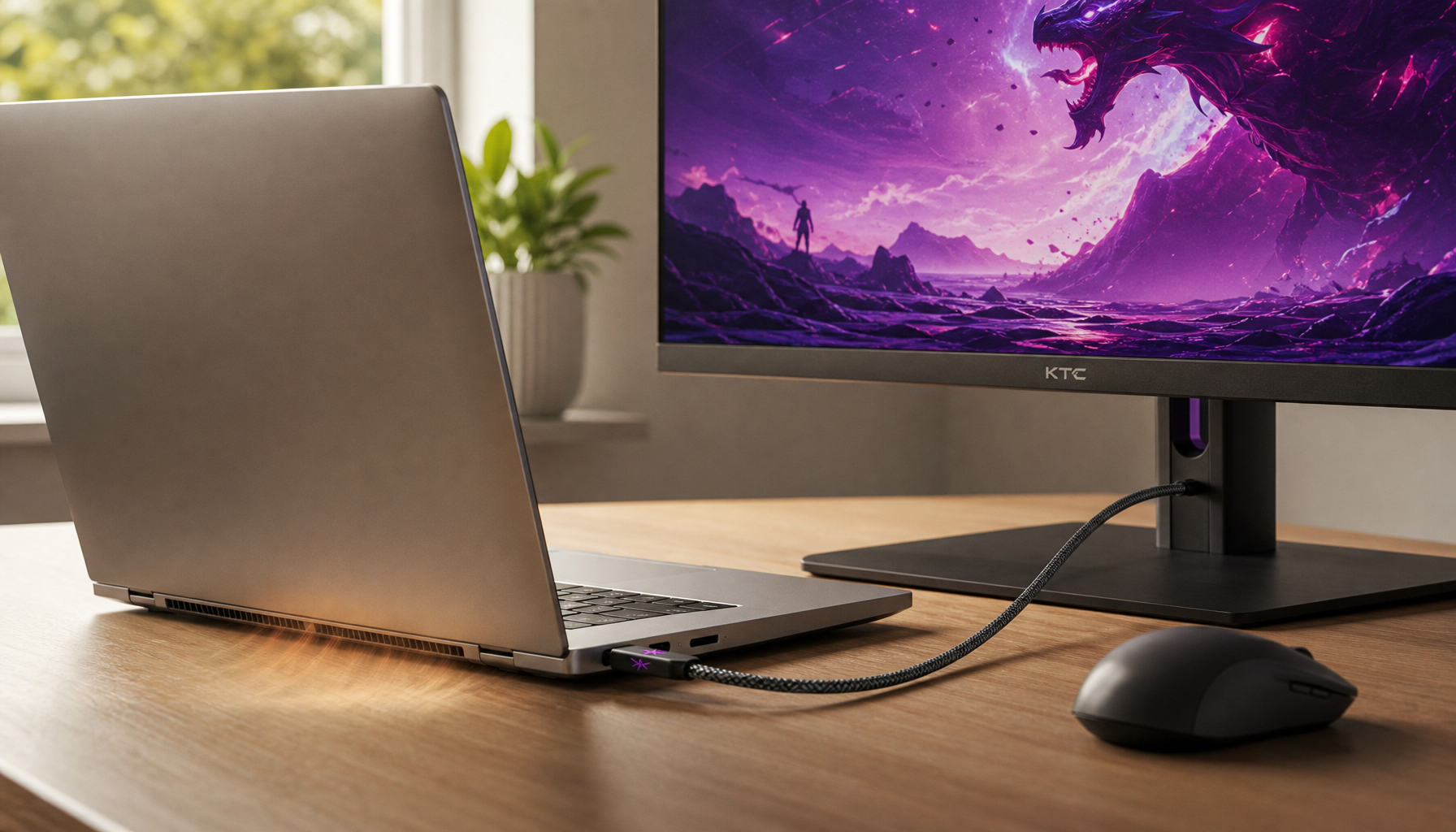 Laptop connected to an external USB-C monitor with a single cable on a minimalist desk, laptop vent showing faint heat haze