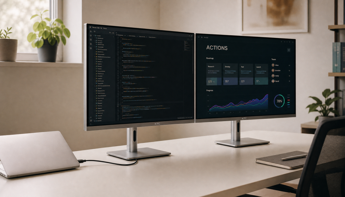 Laptop connected to two USB-C monitors via a single Thunderbolt 3 port on a clean, minimal desk setup
