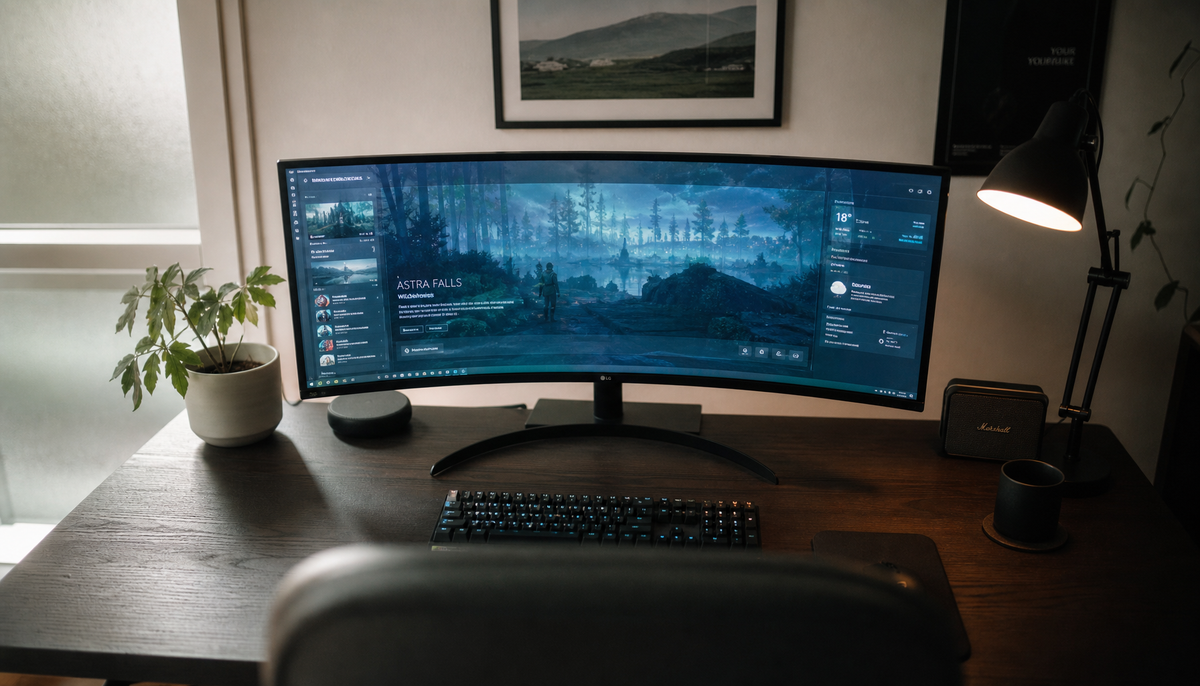 Large ultrawide curved monitor on a minimalist home office desk, showing how the screen wraps toward the viewer for an immersive setup