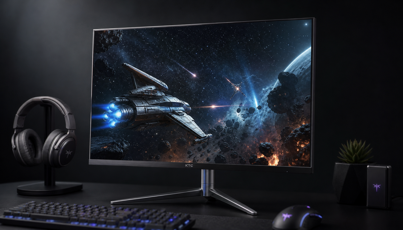 Mini LED gaming monitor displaying a high-contrast HDR scene, showing backlight zone uniformity across a dark background