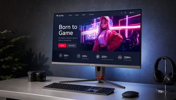 Modern desktop workstation centered on a large high-resolution monitor, representing DisplayPort 2.1 bandwidth and 8K display technology