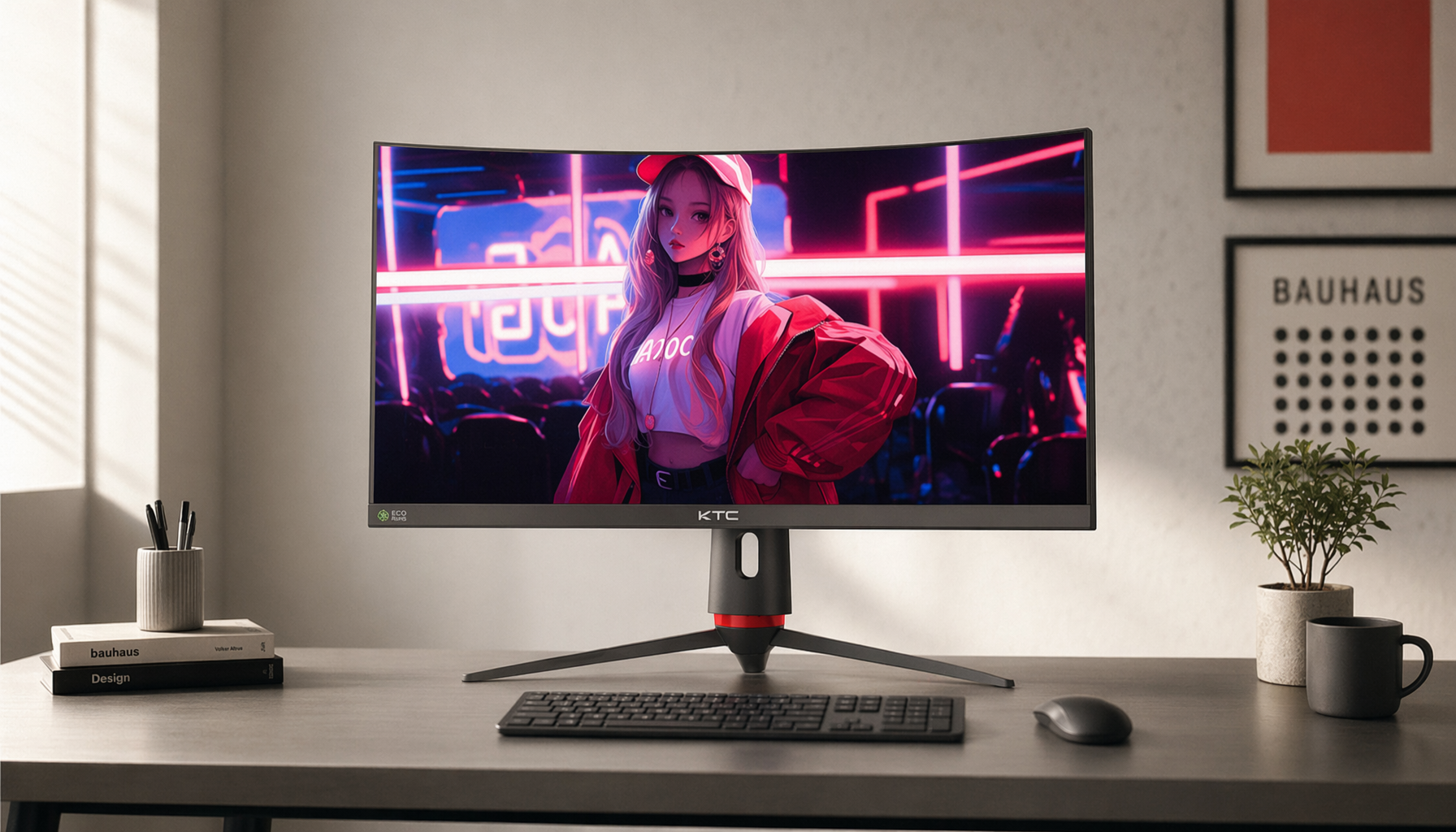 Modern gaming and productivity monitor on a minimal desk with eco-certification label visible, representing ENERGY STAR and TCO certification standards
