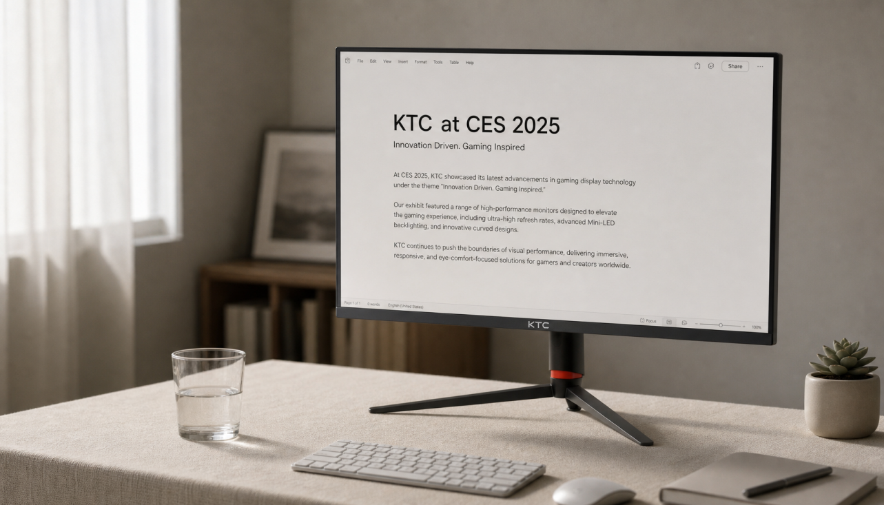 Modern home office desk with a monitor showing a clean document, representing monitor setup for eye comfort during long work sessions