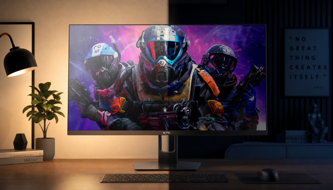 Monitor display showing how panel coating affects color appearance under different room lighting conditions