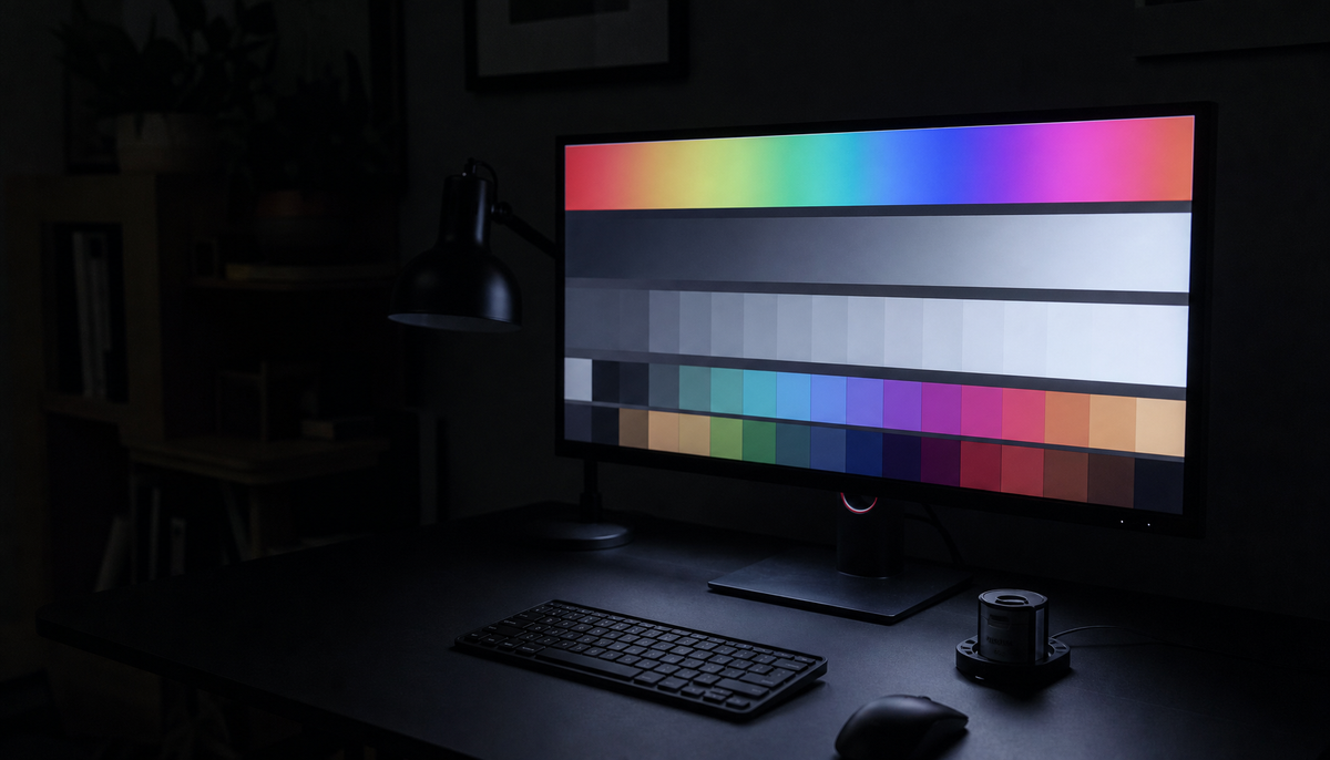 Monitor displaying a color calibration gradient on a dark desk, with a colorimeter beside the keyboard