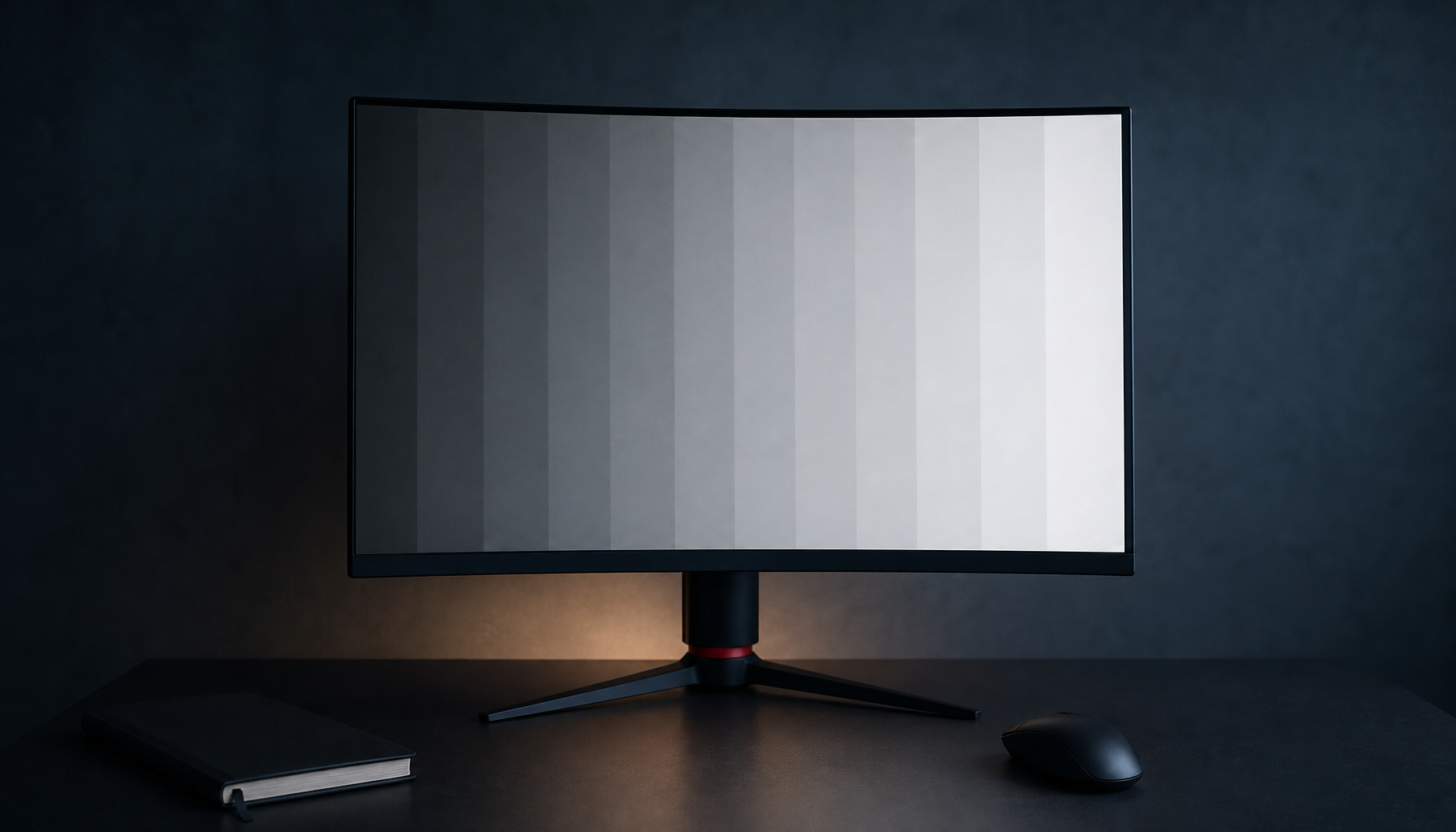 Monitor displaying a gray test pattern in a dim room, illustrating how brightness reduction affects color accuracy