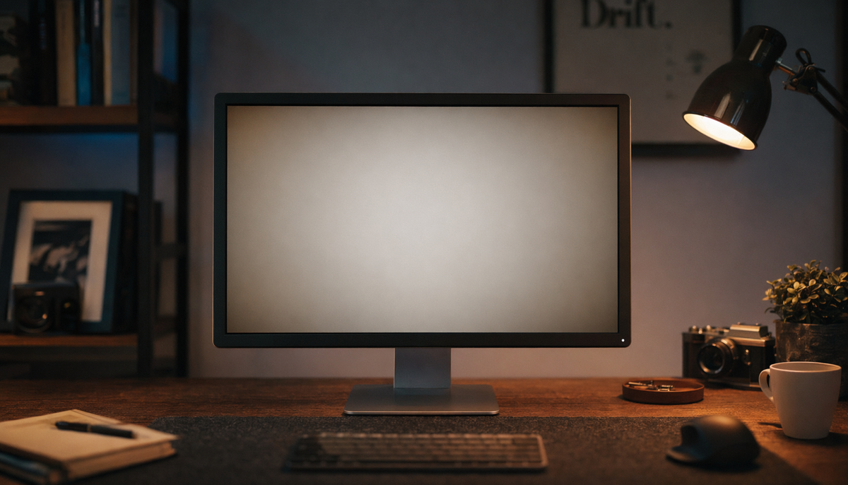 Monitor displaying a gray uniformity test screen with visible luminance drift toward the corners on a dark desk