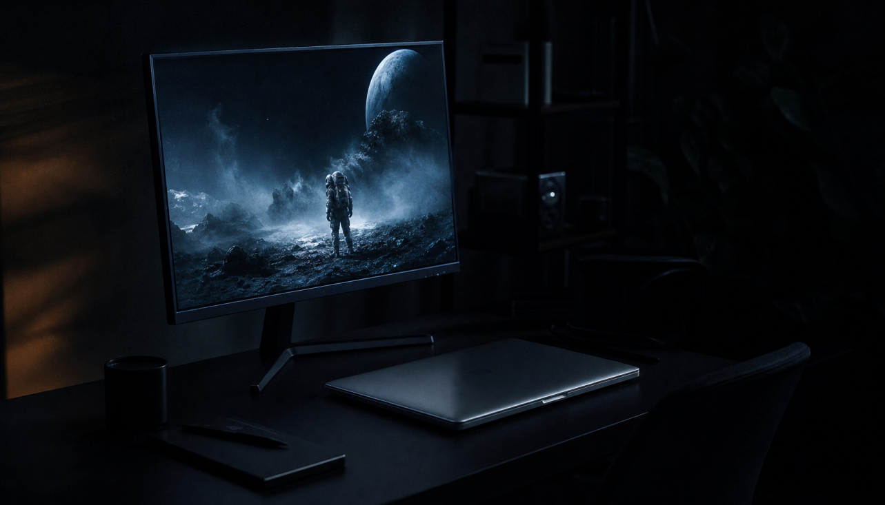 Monitor displaying deep black levels in a dim room, illustrating how display scaling affects contrast and black depth