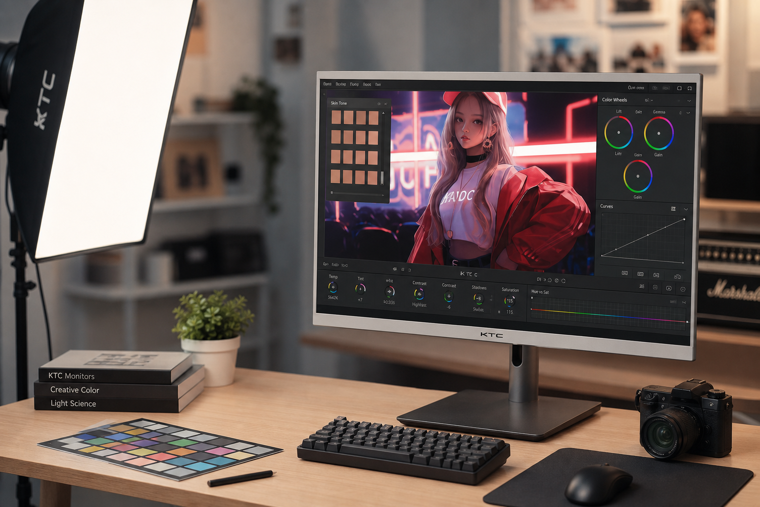 Monitor on a clean editing desk displaying a color-grading interface, illustrating how brightness affects perceived color accuracy