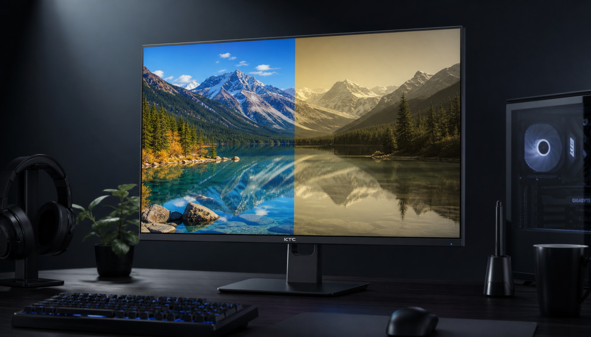 Monitor showing color accuracy degradation over time — vibrant side versus aged yellowed display