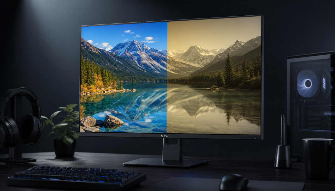 Monitor showing color accuracy degradation over time — vibrant side versus aged yellowed display