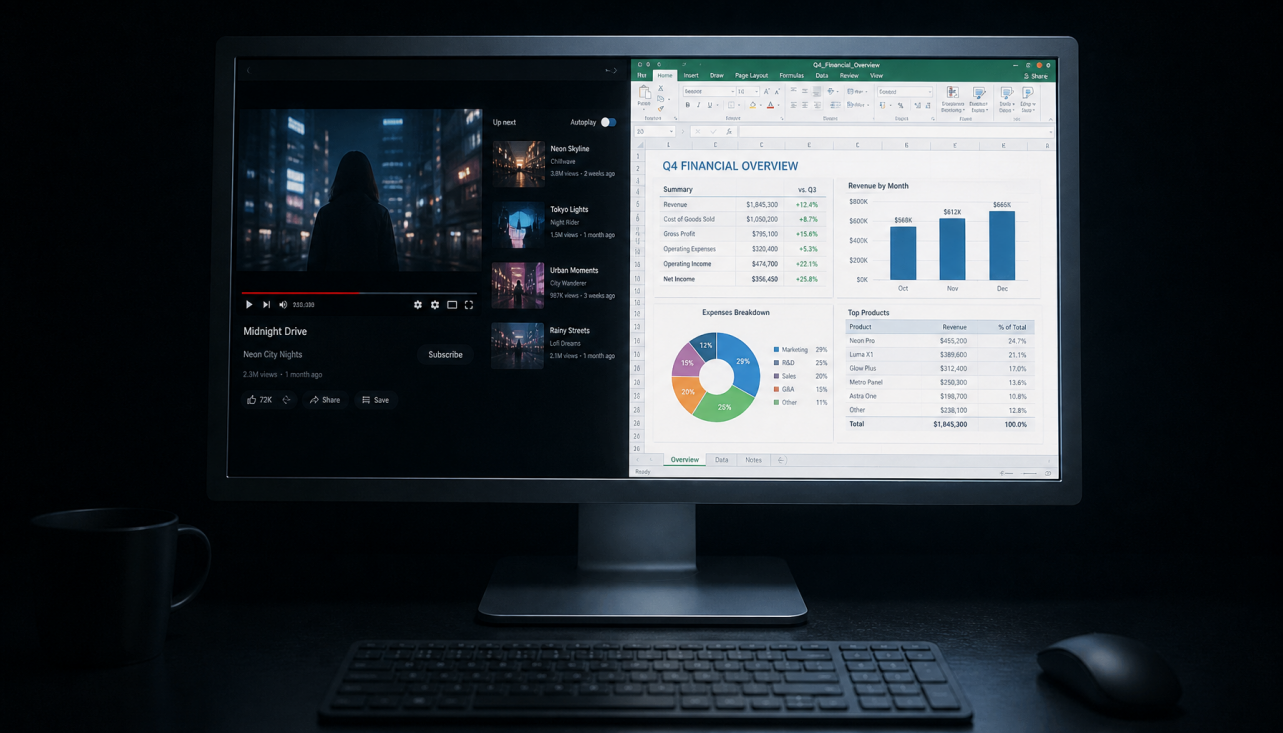 Monitor showing split-screen layout with dark video content beside a bright spreadsheet, illustrating perceived black level contrast in multi-window use