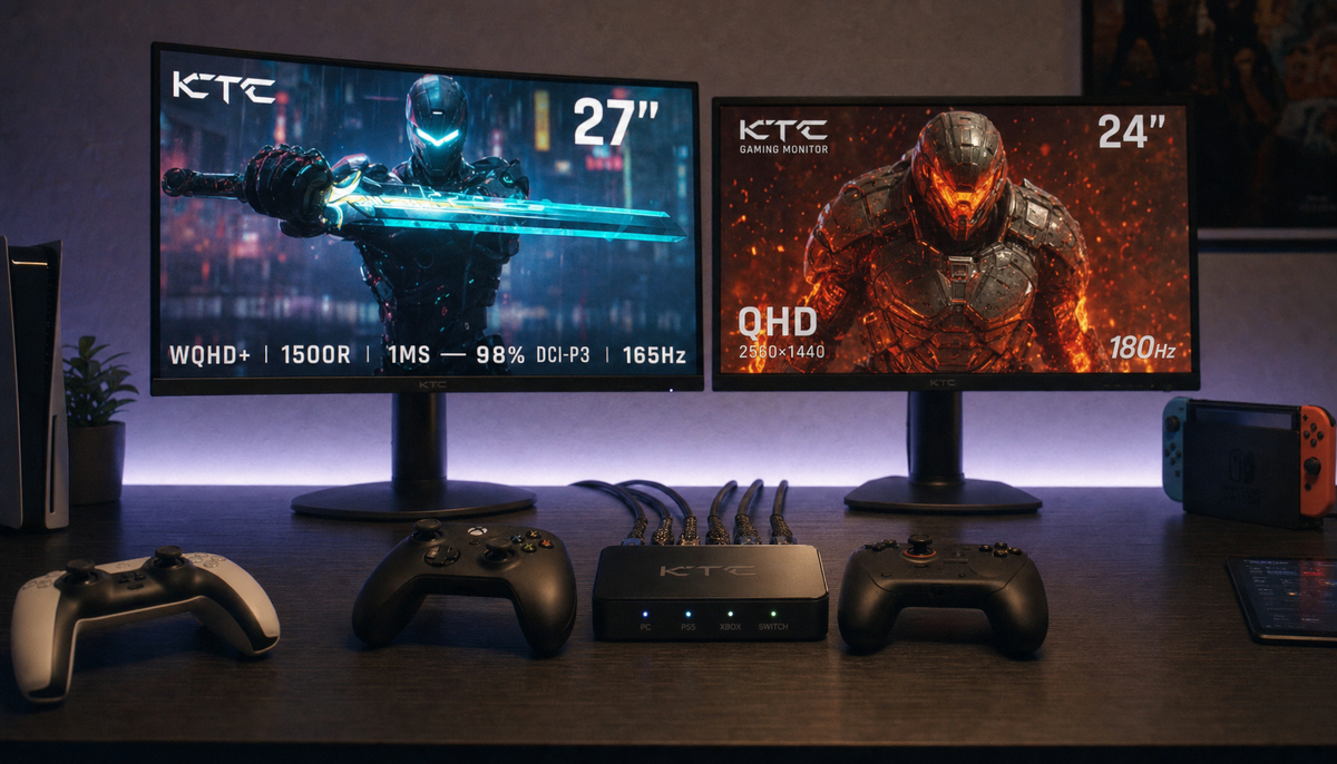 Multi-console gaming desk with two monitors, an HDMI switch, and multiple cables for switching between gaming setups