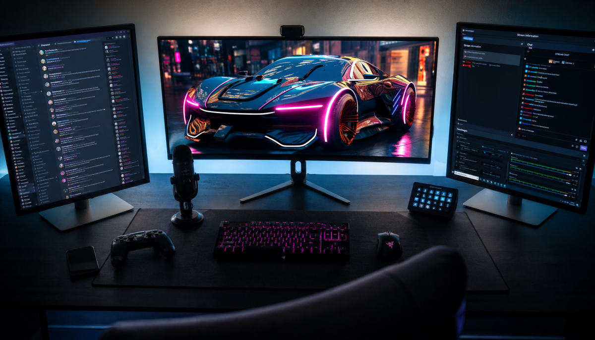 Multi-monitor gaming desk setup with a high-refresh primary display flanked by secondary screens for chat and streaming