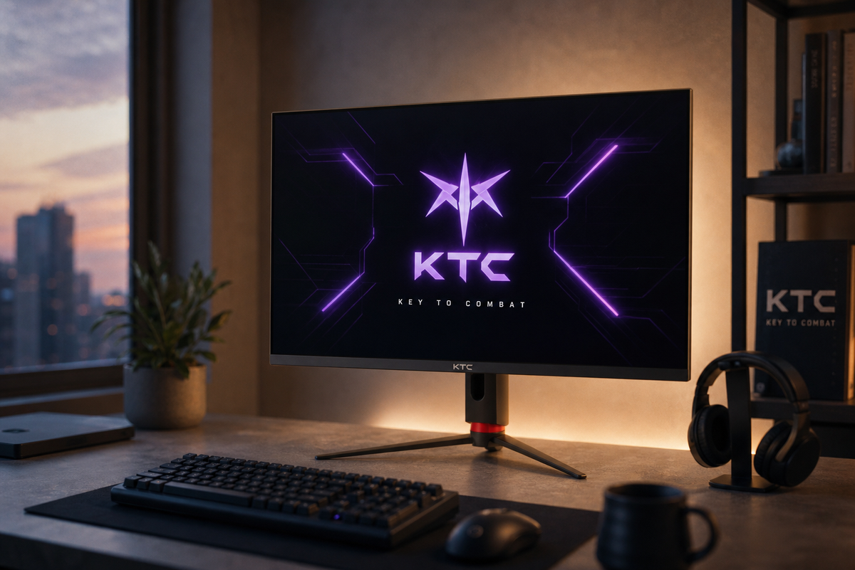 OLED gaming monitor displaying a dark desktop wallpaper on a home office desk, illustrating low-stress display usage