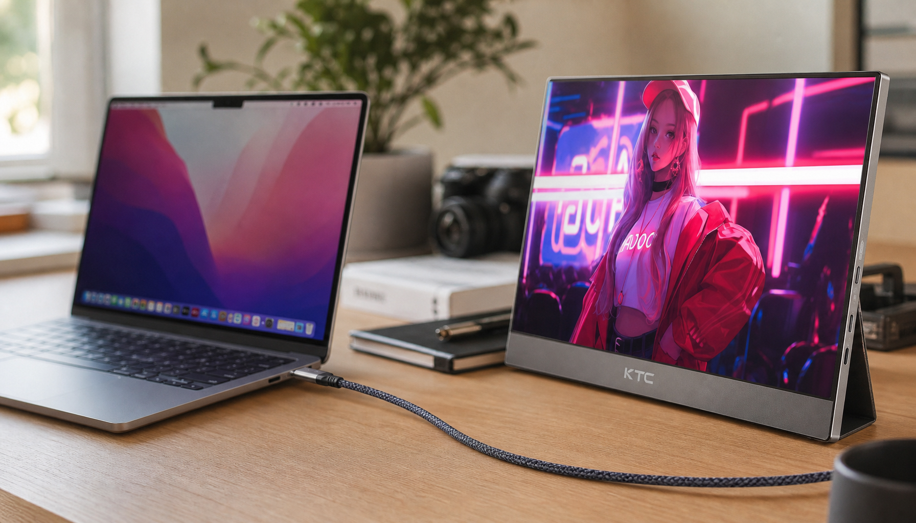 Older laptop connected to a modern slim portable monitor via USB-C cable on a clean desk