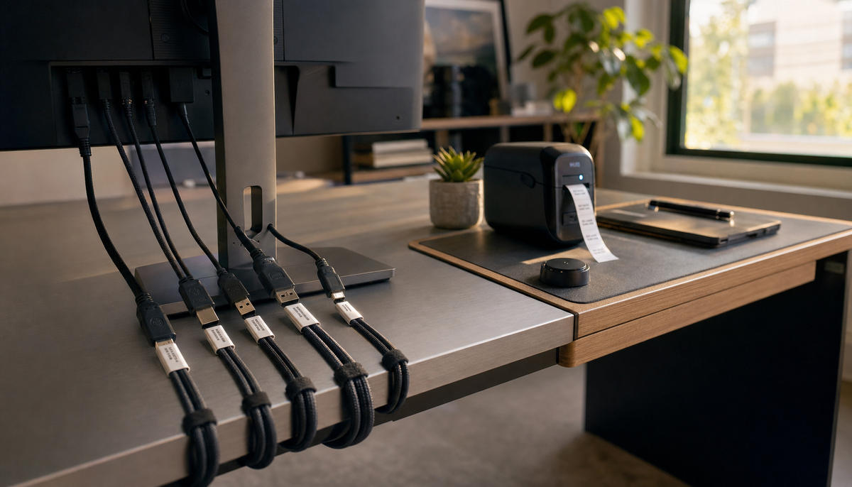 Organized desk setup with multiple monitor cables each fitted with small printed labels near their connectors and a label printer nearby