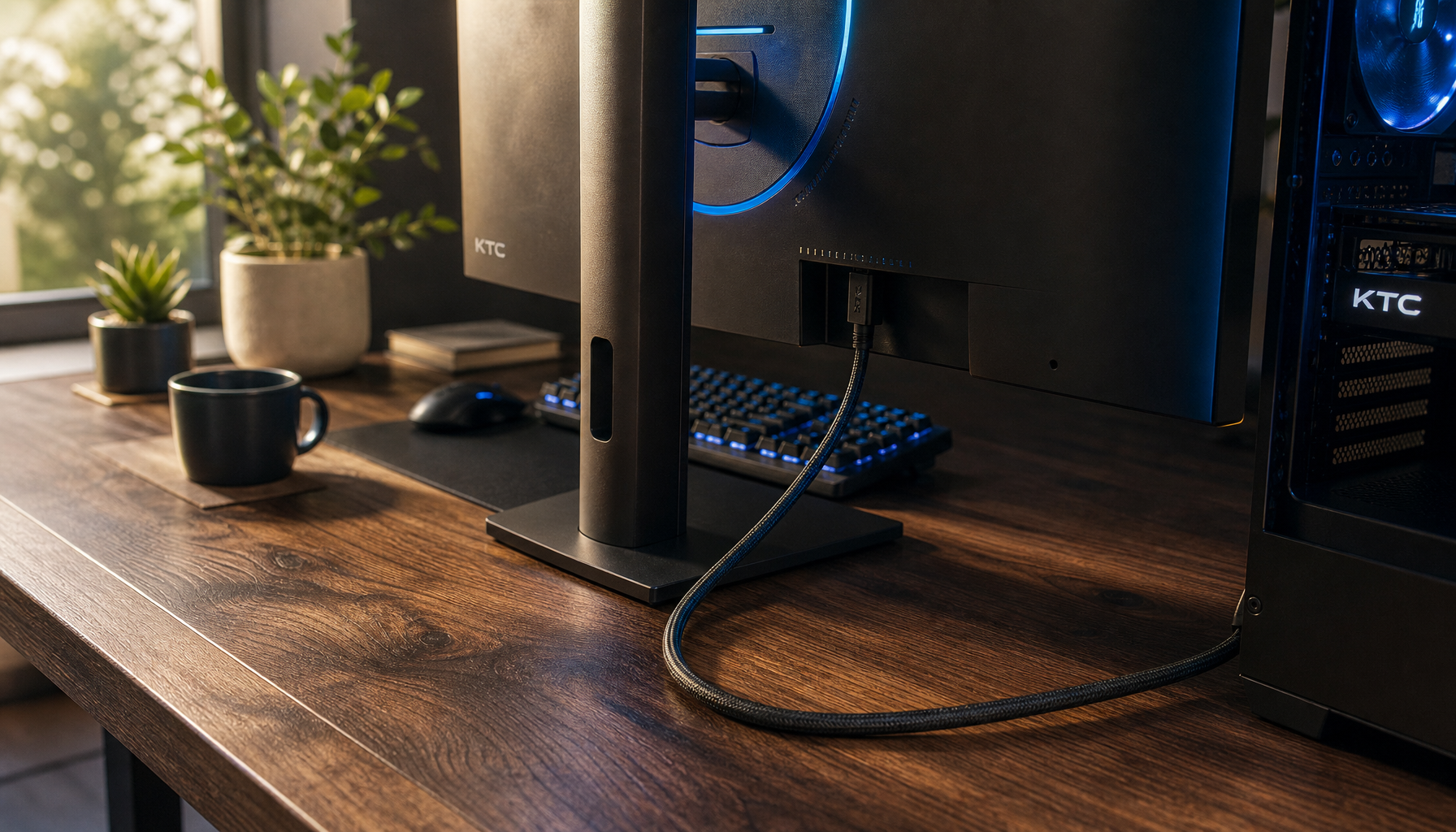 PC gaming desk with DisplayPort cable running from monitor to desktop tower, illustrating cable length and signal quality considerations