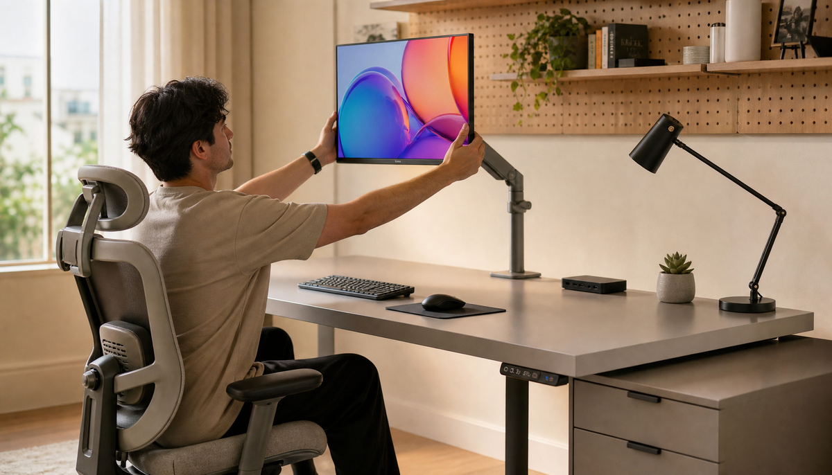 Person adjusting monitor height and chair position at a home office desk for neutral spine alignment