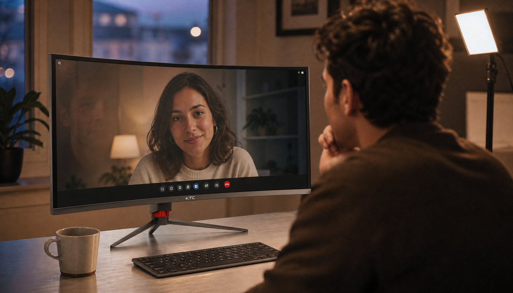 Person at a home office desk reflected in a monitor screen, natural skin tones visible under warm ambient light