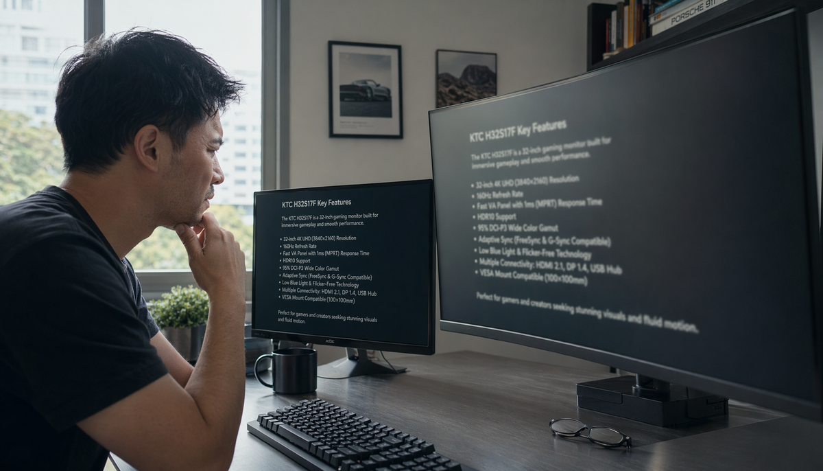 Person at a home office desk squinting at a large monitor where text appears blurry compared to a smaller, sharper display nearby