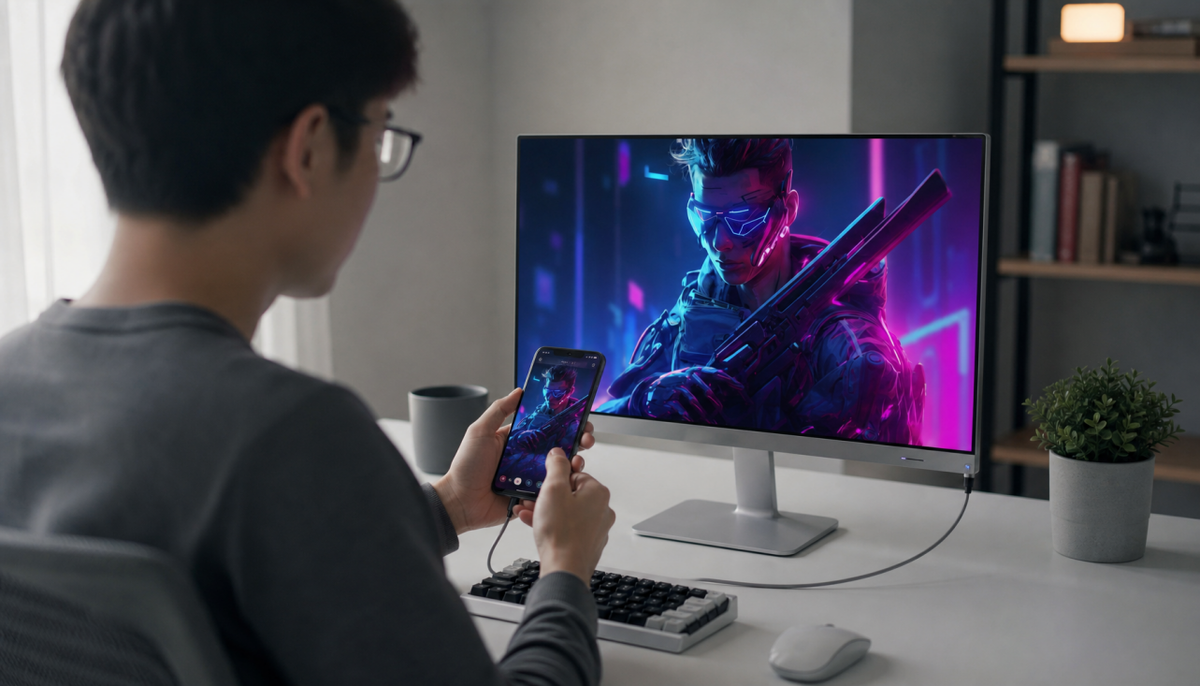 Person holding a smartphone next to a smart monitor displaying mirrored phone content on a minimal desk