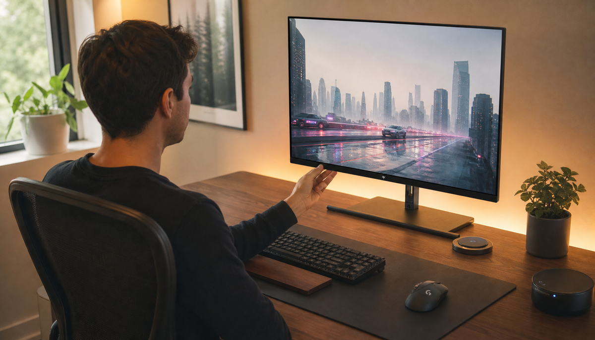 Person in dark clothing adjusting a gaming monitor tilt at a well-lit home desk to eliminate clothing reflections
