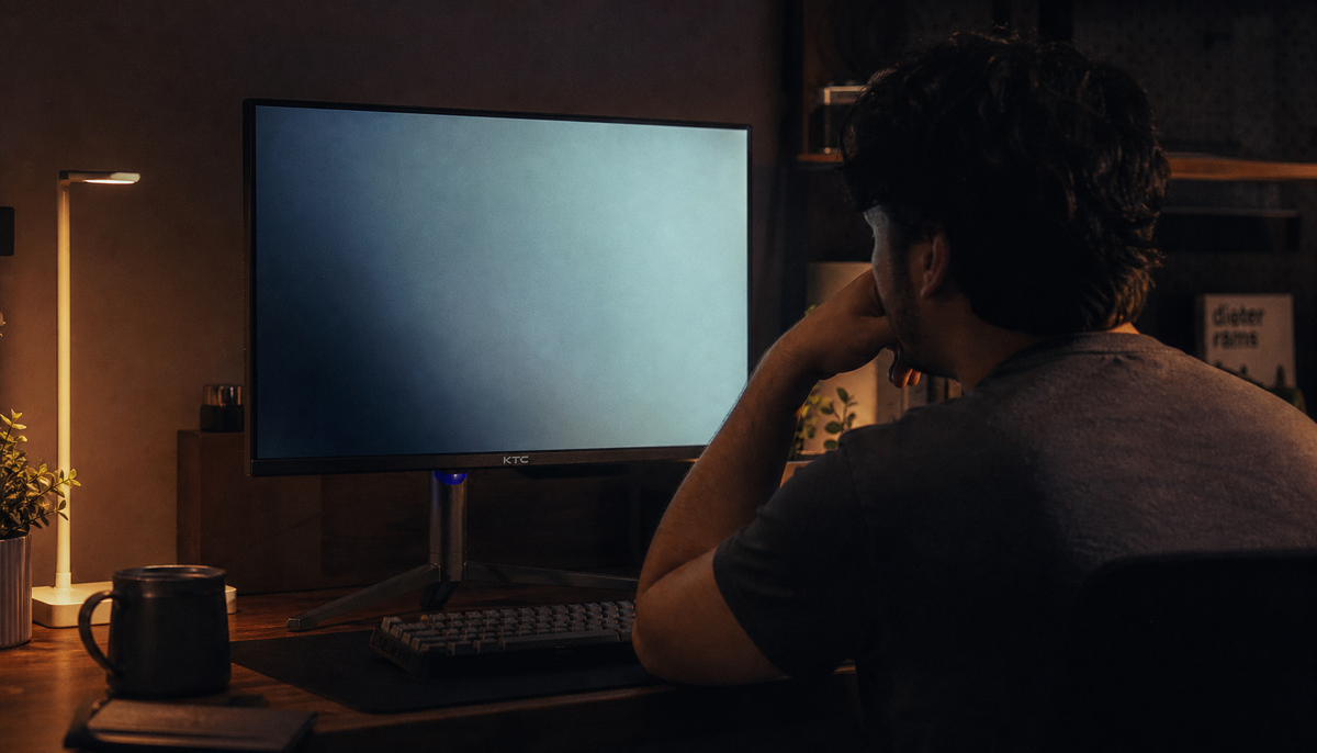 Person leaning in to inspect a monitor showing uneven brightness in one corner, a common early sign of display aging