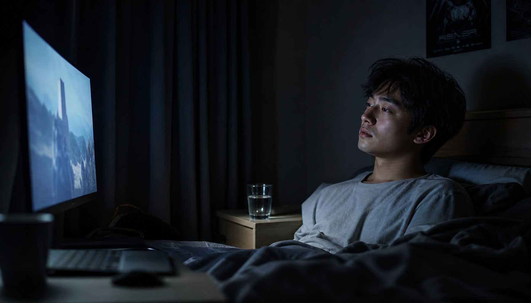 Person lying awake in a dark bedroom with a glowing monitor screen nearby, illustrating late-night screen use disrupting sleep