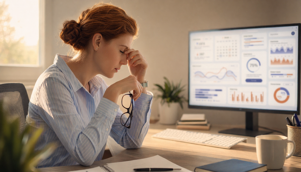 Person rubbing tired eyes at a computer desk, illustrating dry eye symptoms from prolonged monitor use