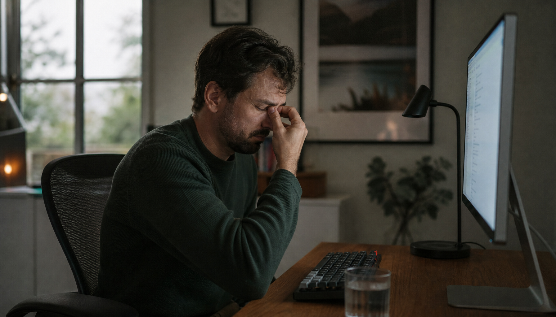 Person rubbing tired eyes at a computer monitor, illustrating warning signs of chronic display-related eye strain